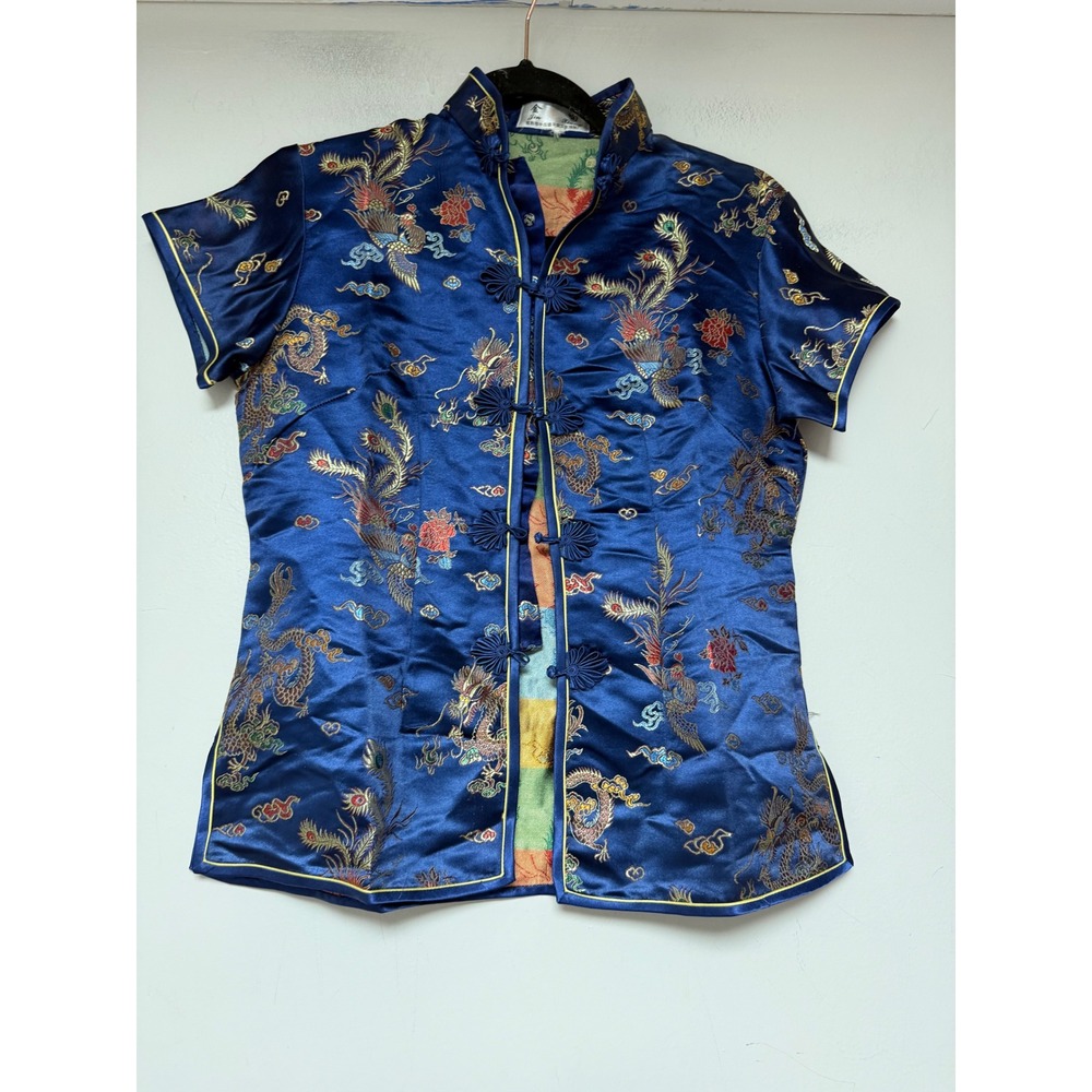 Navy Blue Satin Embroidered Mandarin Collar Blouse